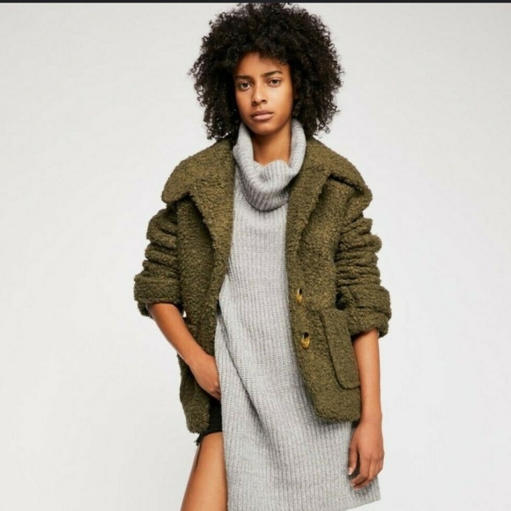 Free People Women’s So Soft Teddy in Olive Green Sherpa Jacket Faux Shearling